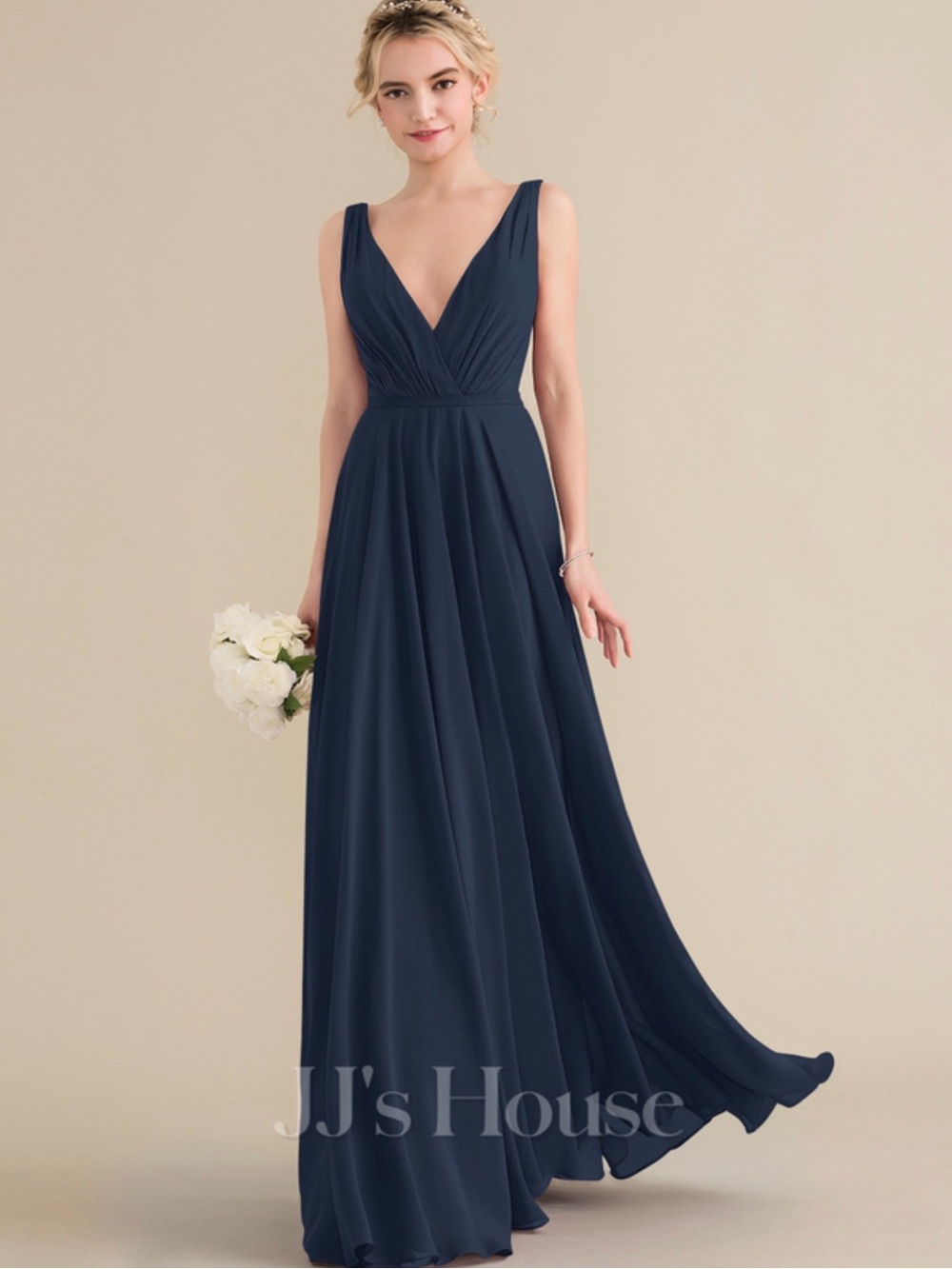 JJs House Navy V-Neck Pleated Chiffon Maxi Dress